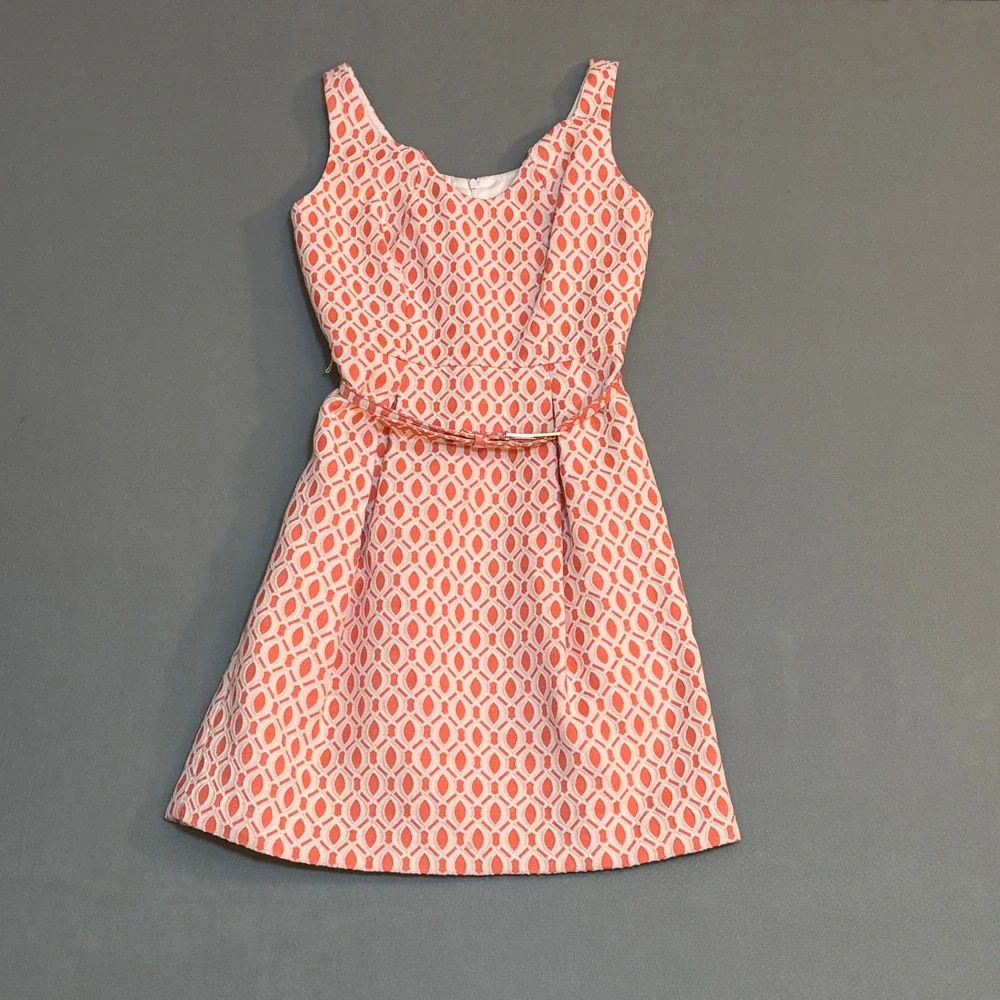 Trina Turk Orange White Geometric Jacquard Belted Shift Dress Size 2 Sleeveless‎